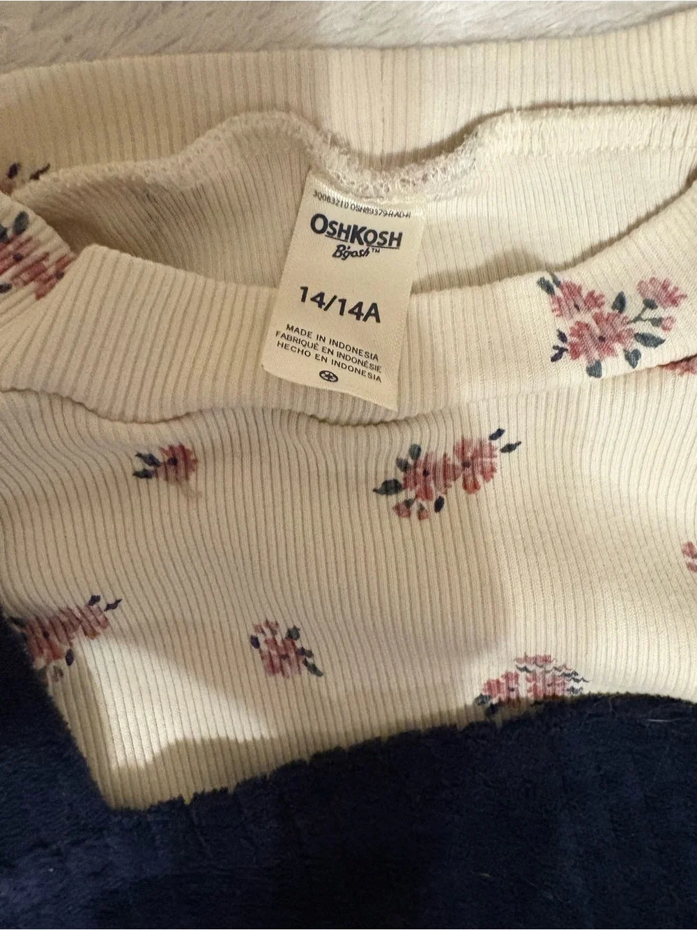 OshKosh B'gosh Cream Floral Ribbed Top with Navy Cord Pinafore